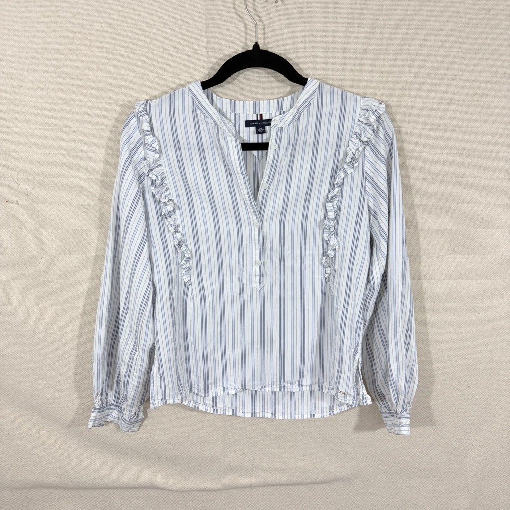 Tommy Hilfiger Womens XXS Blue White Striped Ruffle V-Neck Long Sleeve Blouse